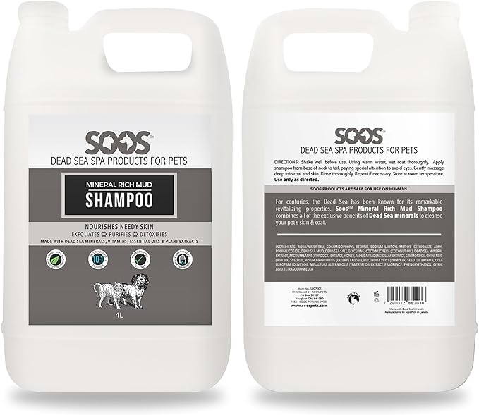 Soos pet Shampoo Mineral Rich Mud Cat and Dog Shampoo Natural Dead Sea Minerals Fast Absorbing - 1x Bottle (4L)