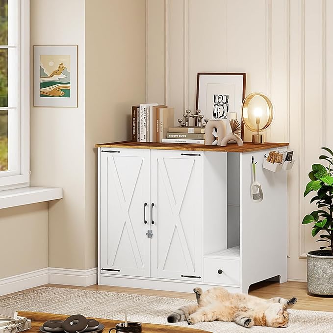 YUSING Litter Robot Enclosure, Cat Litter Box Furniture Hidden, Cat Litter Box Enclosure Cabinet Large with Double Doors and Pull-Out Drawer for Litter Robot