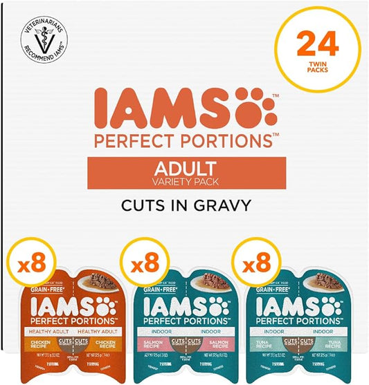 IAMS Perfect Portions Adult Wet Cat Food Cuts in Gravy, Chicken, Tuna, and Salmon Recipe Variety Pack, 2.6 oz. Easy Peel Twin-Pack Trays (24 Count, 48 Servings)
