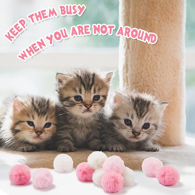 Weewooday 12 Pieces Cat Pom Pom Balls Toys Large Fuzzy Cat Ball Artificial Large Plush Ball for Cats Pets Interactive Playing Indoor(Pink, White,Solid Color)
