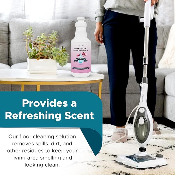 Steam & Go Deminerilized Water - Multi-Surface Cleaner for Steam Cleaners, Hardwood Floors, Kitchens, & Bathrooms - Germ-Killing Formula - Hotel California Scent - 32 Ounces (Pack of 12)