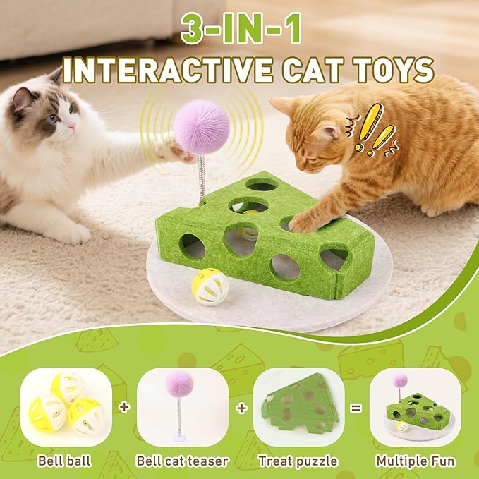 Interactive Cat Puzzle Toy for Indoor Cats & Kittens - Fun Track Balls & Spring Teaser in Stimulating Felt Puzzle Box (Green) - Mental Enrichment Game