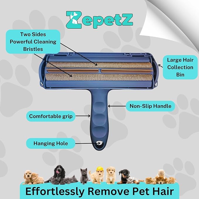 Pet Hair Removal Tool – Reusable Lint Roller for Dogs & Cats – Self-Cleaning Fur Remover Brush – Ergonomic Lint Roller for Carpet, Bedding, Couch, Car Seat & More (Blue)
