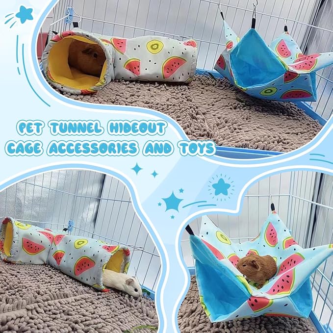 Large Caliber Guinea Pig & Rat Tunnel Hideout & Hammock, Corner Hideout Toy for Guinea Pig, Ferret, Hedgehog & Piggy to Hide and Shuttle (3. Tunnel-Watermelon)
