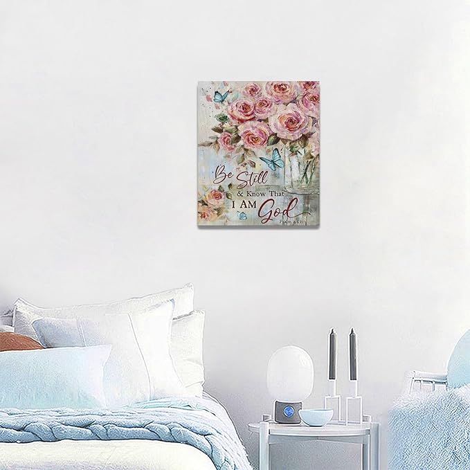 Farmhouse Rose Wall Art Christian Scripture Pictures Pink Rose Wall Decor Rustic Floral Butterfly Canvas Print Painting Artwork for Bathroom Living Room Bedroom 20"x24"