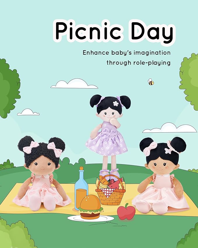 Soft Baby Doll Toys (16''), My First Baby Rag Doll for 1 Year-Old Girl Birthday Gift, Christmas Plush Toys Gift for Toddler Kids Infants-Sweetheart(Double Buns Tanned)