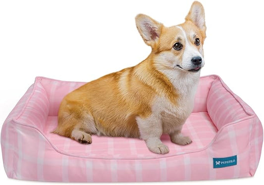 Orthopedic Bolster Dog Bed – CertiPUR-US Foam, Recycled Polyester Canvas, Washable Cover, Anti-Slip Bottom, Medium, Pink Check – Stylish Designer Dog Sofa