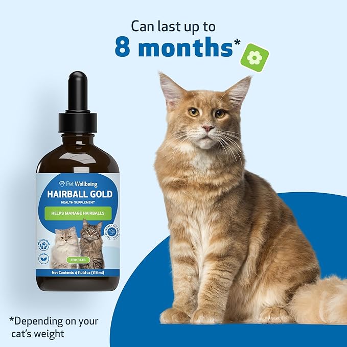 Pet Wellbeing Hairball Gold for Cats - Holistic Hairball and Digestive Care, Normal Elimination, Slippery Elm, MCT Oil, No Mineral Oil - Veterinarian-Formulated Herbal Supplement 4 oz (118 ml)