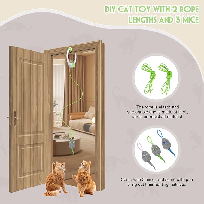 Cat Toy Interactive for Indoor Cats, Smart USB Rechargeable Door Hanging Automatic Retractable Kitten Toys, Teaser Electronic Self Play Feather Cat String Toy Attached with 3 Catnip Mice Green