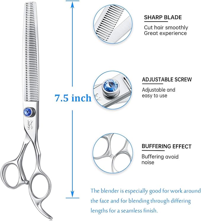 JASON 7.5" 56-Tooth Blending Dogs Grooming Scissors Cats Thinning Shears Pets Blender Thinner Trimming Texturizing Kit with Offset Handle Blue Jewelled Screw (7.5 Inch)