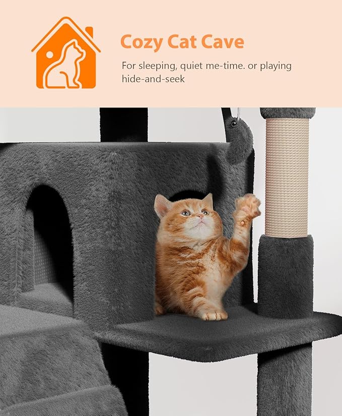 77'' Cat Tree Tower for Indoor Cats Large Adult, Cute/Tall Modern Cat Tree for Big Cats 20 lbs, Plush Multi-Level Cat Condo with Scratching Posts, Dangling Ball (Smoky Gray, 77 inch)