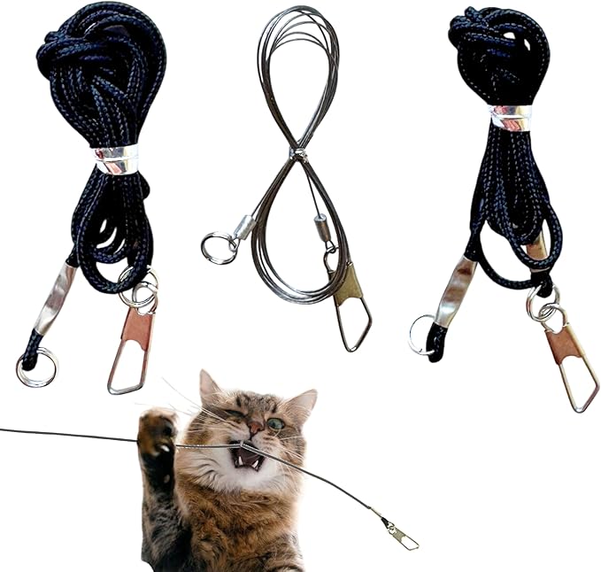 Replacement Strings for Cat Wand Toy - 3-Pieces - Chew-Proof Metal String Wire and 2 Durable Paracord Strings - Heavy Chewers Pack Cat Wand Toy Refill Strings (9 Replacement Strings)