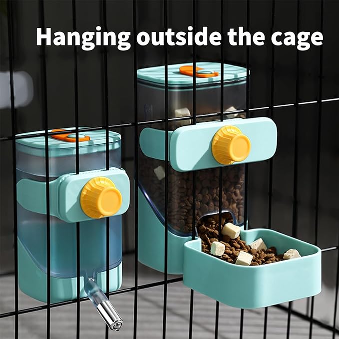 PODOO Rabbit Food Water Dispenser, 24oz No Drip Bunny Water Feeder, 34oz Large Hanging Automatic Pet Food Dispenser, Hanging Outside or Inside The Cage for Small Animals (Food+Water)