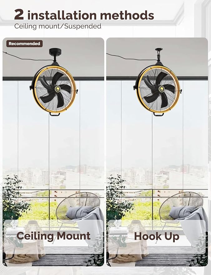 Orison 24.8'' Outdoor/Indoor Garage Ceiling Fan, 6 Speed Ceiling Mounted Plug-In Cord Garage Fan with Remote&APP, Manual Vertical Rotation, Hook hanging for Gazebo, Patio, Yellow&Black