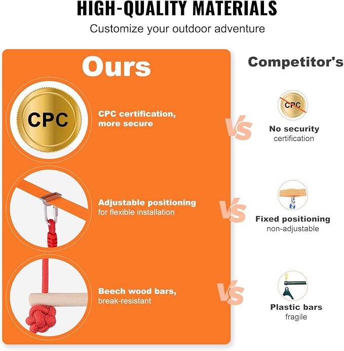 VEVOR Ninja Warrior Obstacle Course for Kids, 2 x 60 ft Weatherproof Slacklines, 500lbs Weight Capacity Monkey Line, Outdoor Playset Equipment, Backyard Toys Training Equipment Set with 14 Obstacles