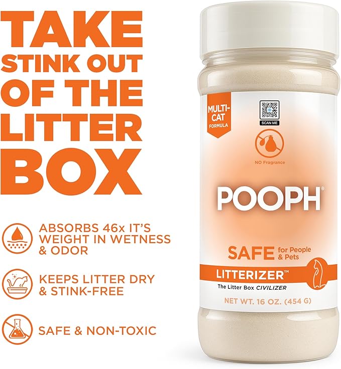 POOPH® LITTERIZER® – 16oz Bottle – Absorbs 46x Weight in Wetness & Odor – Keeps Litter Dry, Reduces Mess, Reduce Litter Costs AND Get a STINK-FREELitter Box – WITHOUT Fragrances or Harsh Chemicals