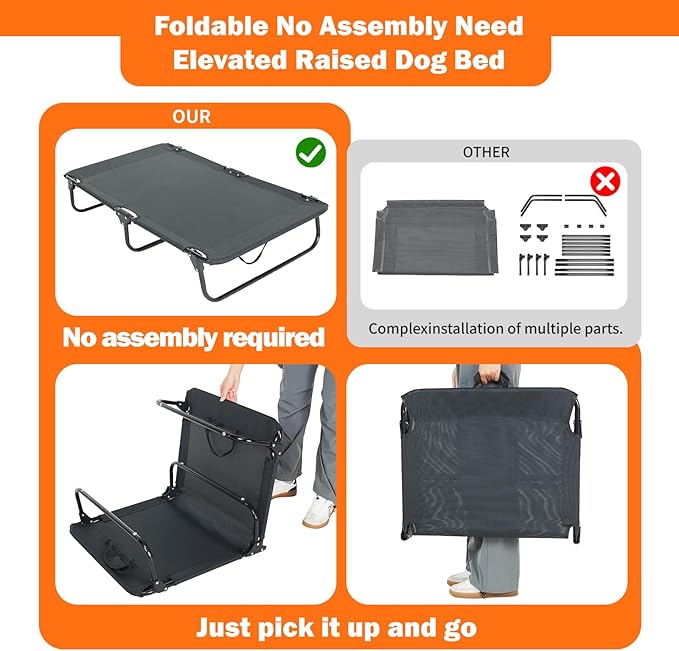 Dog Elevated Bed Foldable Portable Raised Bed Camping cot Outdoor Summer Dog Bed (Large, Grey-Textilene)