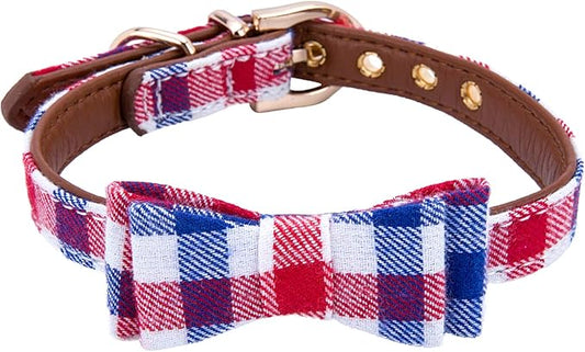 Puppy Collars for Small Dogs - StrawberryEC Adjustable Puppy Id Buckle Collar Leather. Cute Plaid Bowtie Blue Dog Collar (Bow-Blue-Grid)