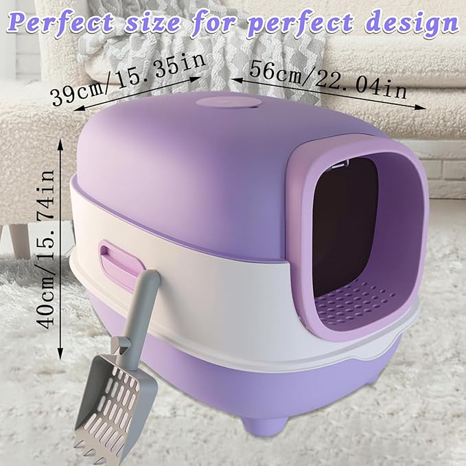 Large Cat Litter Box with Cat Litter Scoop, Foldable Litter Box with Lid, Front Entry and Exit Leak-Proof Litter Cat Box, Odor Control, Easy to Clean (Purple)
