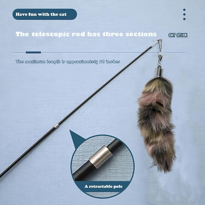 Interactive Cat Wand Toy with Cat Dancer, Retractable Feather Fox Tail Teaser for Indoor Cats, Enrichment Play Kittens to Senior Cats (Soft Pink)