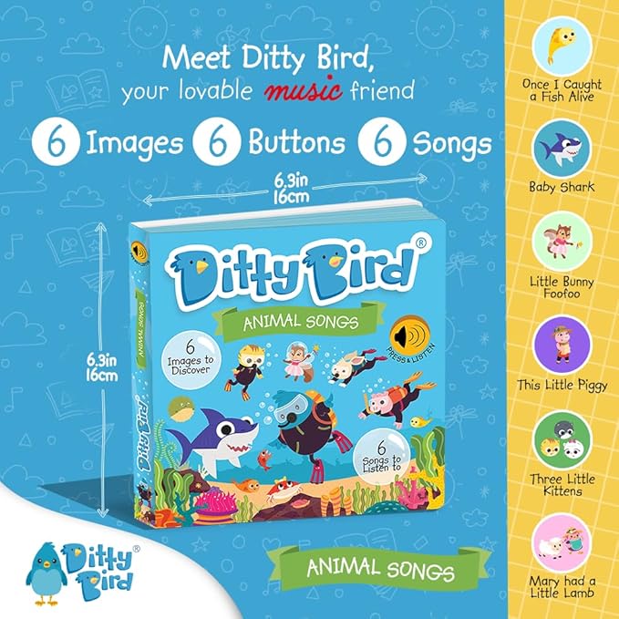 Ditty Bird Animal Songs Book for Toddlers – Interactive Sound Book with Baby Shark & More | Musical Board Book for 1-3 Year Olds | Fun, Realistic Animal Sounds | Sturdy Sensory Book for Baby