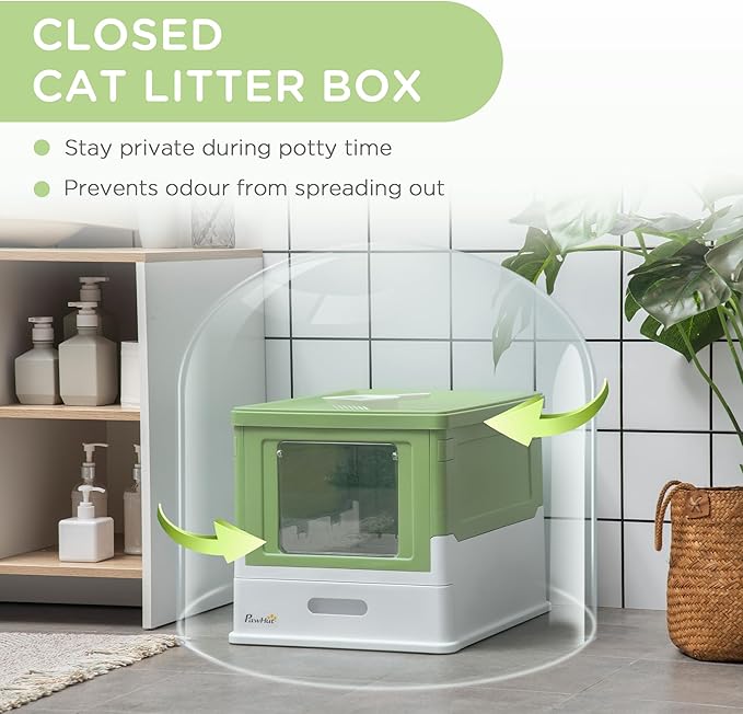 PawHut Fully Enclosed Cat Litter Box with Scoop, Hooded Cat Litter House with Drawer Type Tray, Foldable Smell Proof Potty with Front Entry, Top Exit, Large Space, Yellowish Green