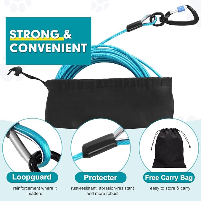 Snagle Paw Dog Tie Out Cable 30FT-1000LBS Break Strength,Heavy Duty Dog Leads for Yard with Shock Absorbing Spring & Swivel Hook,Long Leash Cable for Outdoor Tethering,Dog Line for Small Large Dogs