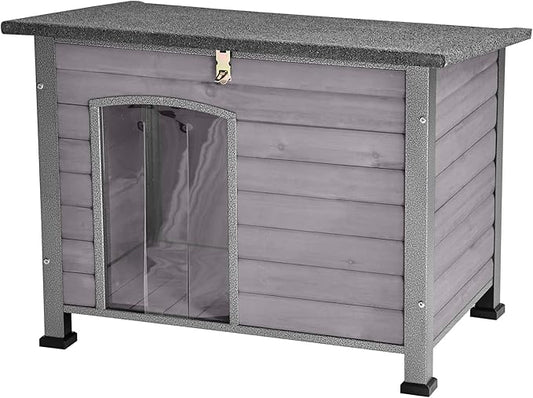 Indoor Outdoor Dog House,Anti-Chewing Iron Frame Dog Kennel,Wood Warm Pets Home,Weatherproof Outside Shelter for Feral Animal 33.5" (L) X 22" (W) X 25.2" (H) Grey