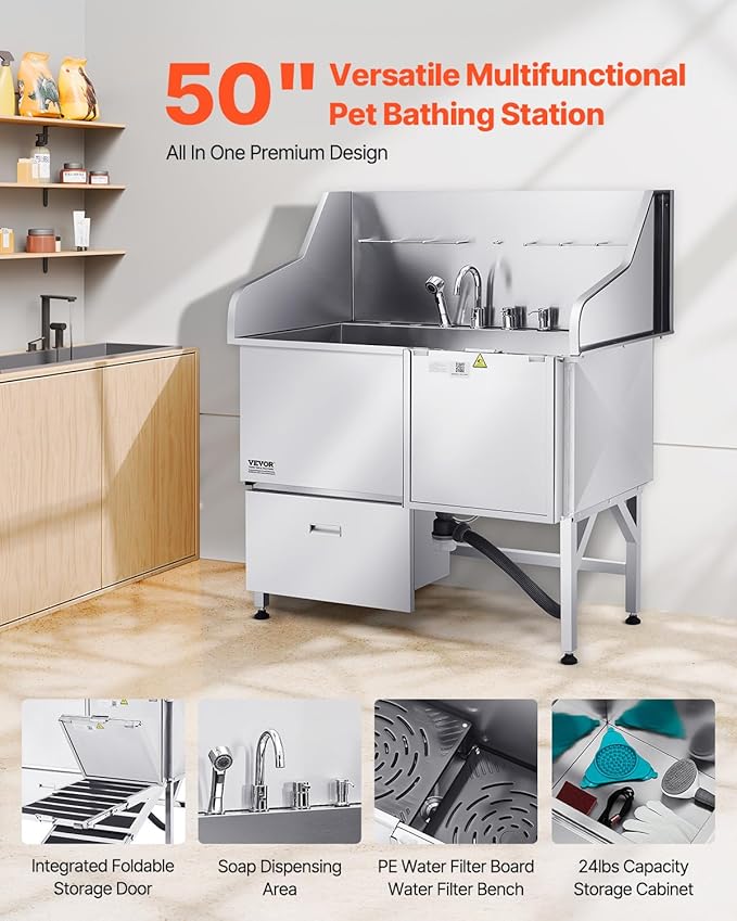 VEVOR Professional 304 Stainless Steel Dog Bathing Station, 50 inch Pet Grooming Tub w/Anti-Slip ramp, Storage Drawer, Cold Hot Faucet Showerhead, for Large & Medium & Small (Right Door, with Drawer)