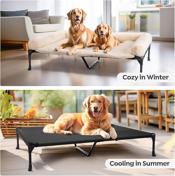 Veehoo Cooling Elevated Dog Bed with Fluffy Plush Bolster Cushion, Indoor Raised Dog Beds for Large Dogs, Soft Pet Sofa Cot with Removable Washable Mat, No-Slip Feet, 59 x 37 inches, Cream White