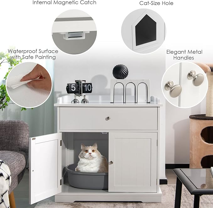 PETSITE Cat Litter Box Enclosure, Large Cat Washroom End Table with Drawer & 2 Doors, Wooden Cat House Storage Cabinet, Hidden Litter Box Furniture, White
