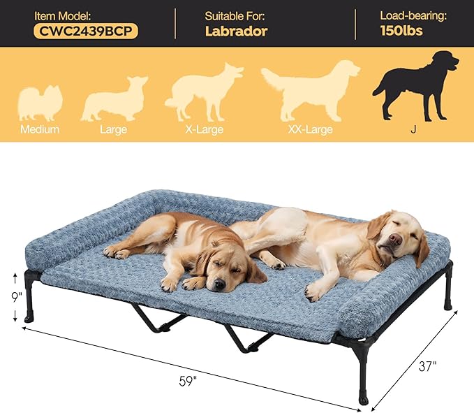 Veehoo Cooling Elevated Dog Bed Add Removable Deluxe Rose Plush Bolster Cushion Mat, 59" x 37" Washable Dog Couch Bed, Raised Pet Cot with Breathable Teslin Mesh, No-Slip Feet, Haze Blue, CWC2439B