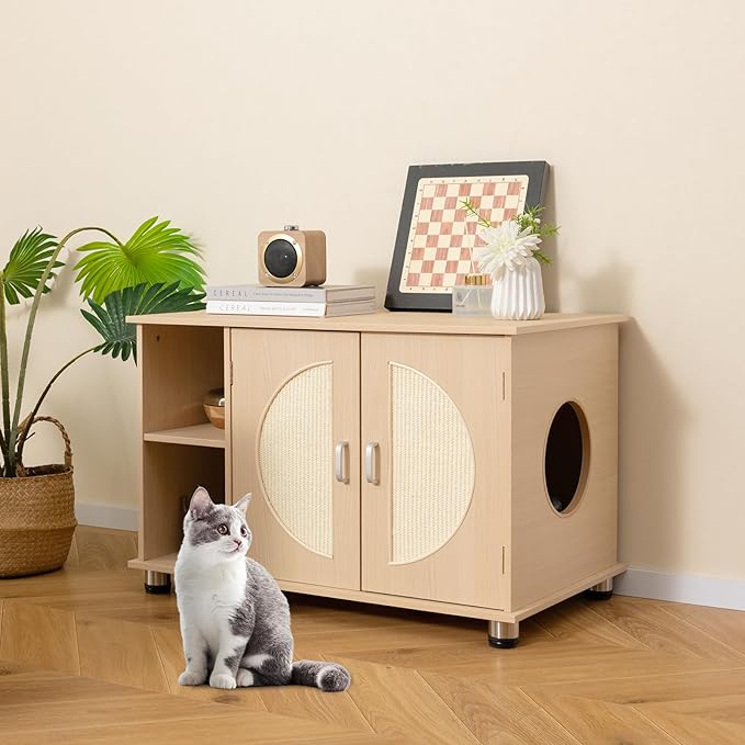 Tangkula Litter Box Enclosure, Hidden Cat Washroom with Storage Shelf, Sisal Scratching Doors, Adjustable Metal Feet, Modern Cat Litter Cabinet Storage Bench, Enclosed Litter Box Furniture (Natural)