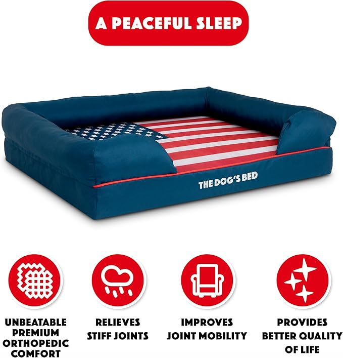The Dog’s Bed, Large Blue Oxford with Red Trim USA Flag Dog Bed with Central Flag 36x27 Memory Foam, Pain Relief: Arthritis, Post Surgery,Waterproof Washable Cover, Veterinary Approved