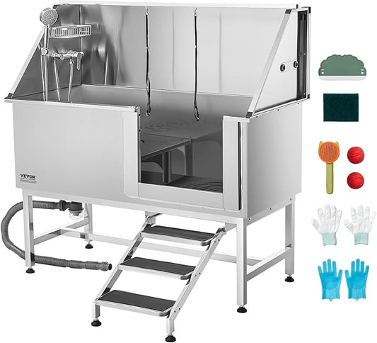 VEVOR Stainless Steel Dog Washing Station, 62 inch Pet Grooming Tub w/Stairs, PE Water Filter Board, Faucet & Showerhead & Soap Holder Dog Bathtub for Large & Medium & Small Pets (Right Door)