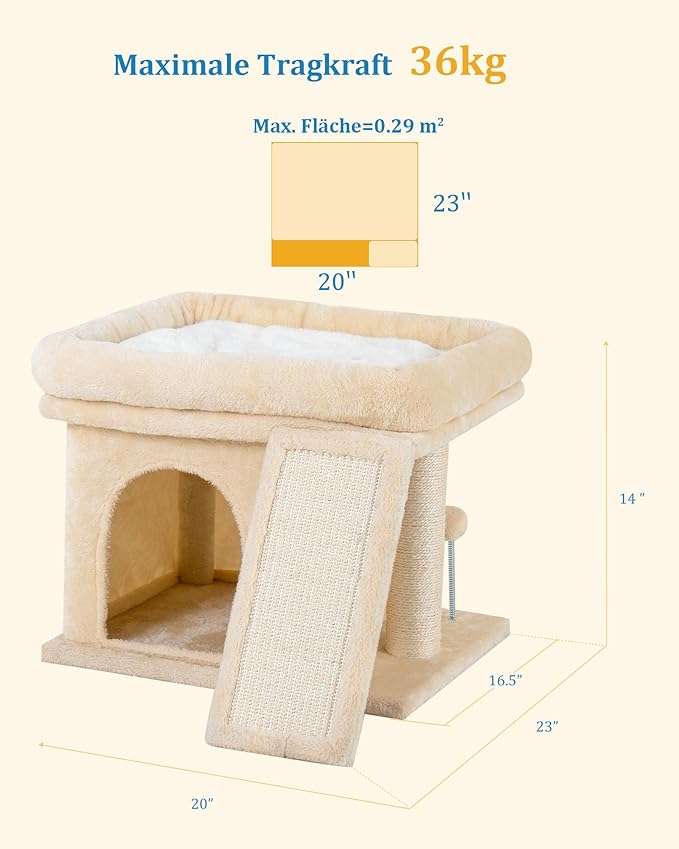 14in Cat Tree Tower with Large Perch, 20 * 16.5 Inch Top Bed for Adult Cats, Scratching Post with Bed for Kittens, Beige