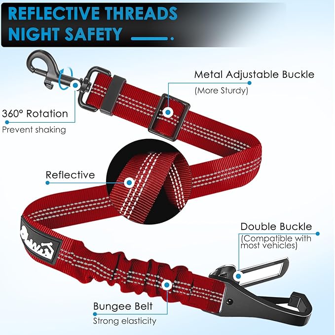 Lukovee Dog Seatbelt Leash for Cars, 2 Pack Pet Safety Seat Belt with Adjustable Buckle & Reflective Bungee, Connect Dog Harness in Vehicle Dogs Restraint Travel Daily Use (Red)