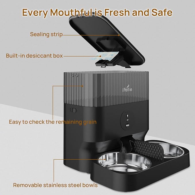 iPettie Automatic WiFi Pet Feeder for 2 Pets, 5L Capacity, 1-10 Meals Per Day, Adjustable Bowl Height, Smart Dog Cat Feeder with 2 Stainless Steel Bowls, 2.4G WiFi App Control for Cats and Small Dogs