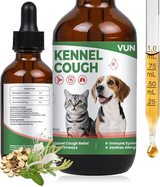 Kennel Cough Treatment Drop for Dogs &Cats,Help Wet and Dry Cough Relief,Seasonal Throat Discomfort, Natural Herbal Cough Liquid with Licorice,Ginger for All Breeds & Sizes,2 fl oz Bacon Flavor