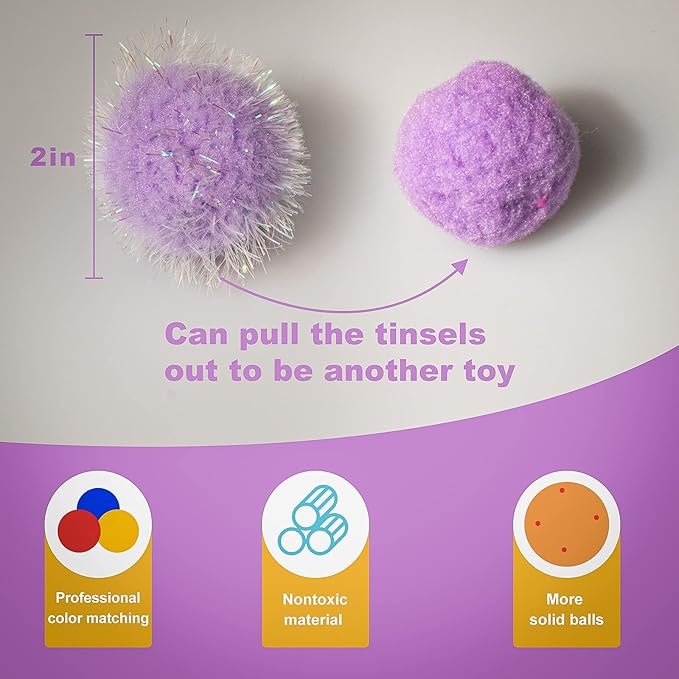 VAPKER 30 Pcs Cat Ball Toys Sparkle Balls Extra Large 2 Inch Cat's Favorite Chase Glitter Ball Glitter Tinsel Pom Poms Balls Purple Color