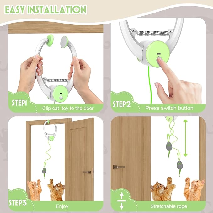 Cat Toy Interactive for Indoor Cats, Smart USB Rechargeable Door Hanging Automatic Retractable Kitten Toys, Teaser Electronic Self Play Feather Cat String Toy Attached with 3 Catnip Mice Green