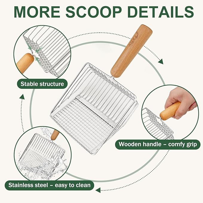 XBX Cat Litter Scoop with Holder, Heavy Duty Litter Sifter, Stainless Steel Litter Shovel, Litter Scooper with Beech Wood Grip and Washable Stand, Perfect for Cat Litter Box Cleaning