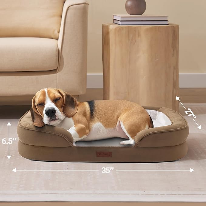 Soft Touch Orthopedic Dog Bed for Large Dogs with Faux Fur Top, Waterproof Pet Couch Bed with Removable Washable Cover and Supportive Foam Filling (Brown, Large)