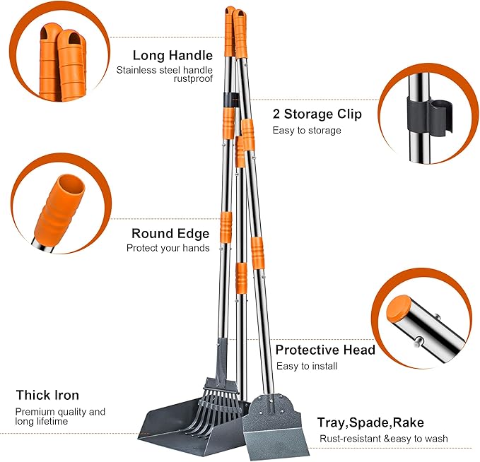 Niubya Pooper Scooper for Dogs, Metal Poop Scooper Tray Spade and Rake Set, Poop Scoop with Adjustable Long Handle, Dog Pooper Scooper for Pet Waste Removal