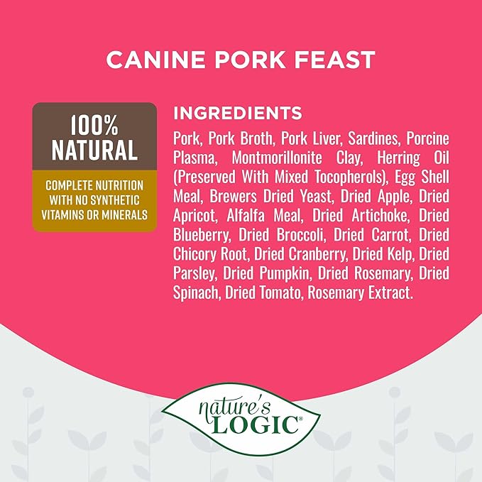 Nature's Logic Grain-Free Canned Dog Food - 95% Animal Proteins - 100% Natural Wet Dog Food Cans - No Common Allergens - All Life Stages - Ideal for Sensitive Dogs - Pork (13.2 oz, 12 Pack)