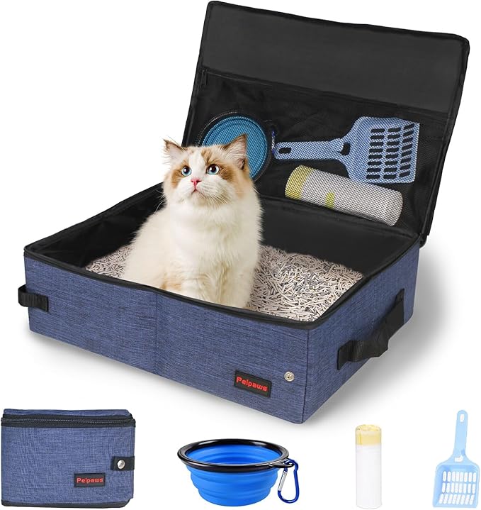 Portable Cat Travel Litter Box. Zipped Lid, Collapsible Litter Box for Cats. No Leakage, No Smell. Easy to Carry. Used for Hotels, Camping, Car (Blue,L)