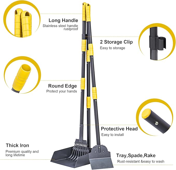 Niubya Pooper Scooper for Dogs, Metal Poop Scooper Tray Spade and Rake Set, Poop Scoop with Adjustable Long Handle, Dog Pooper Scooper for Pet Waste Removal