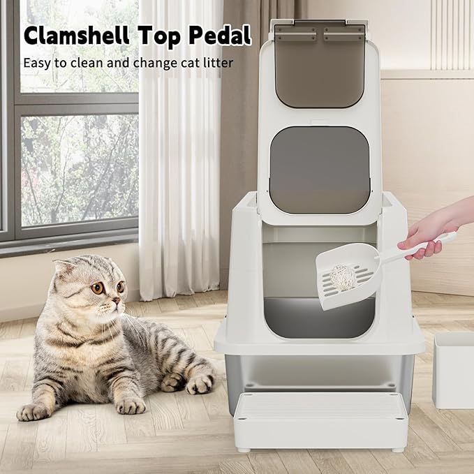 RIZZARI Stainless Steel Cat Litter Box, Enclosed Top-Entry Design, Large Capacity High-Sided Leak Proof Litter Pan for Cats, Easy Clean Pet Toilet (Beige, with Cat Litter)