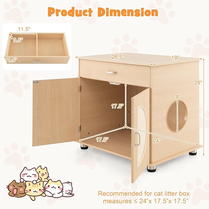 Tangkula Litter Box Enclosure, Hidden Cat Washroom with Drawer, Sisal Scratching Doors, Adjustable Metal Feet, Modern Cat Litter Cabinet Storage Bench, Double Enclosed Litter Box Furniture