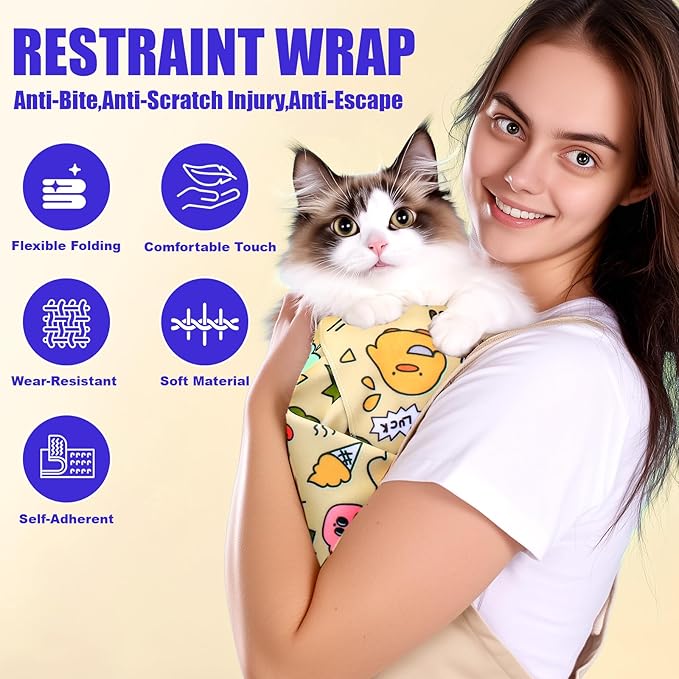 XANGNIER Cat Wrap for Grooming,Cat Restraint Wrap for Cutting Nails,Fabric Burrito Wrap for Nail Clipping, Anti-Scratch, Anti-Escape,Multifunctional Swaddle Wrap Pet Tool (27.5 x 27.5 Inch)